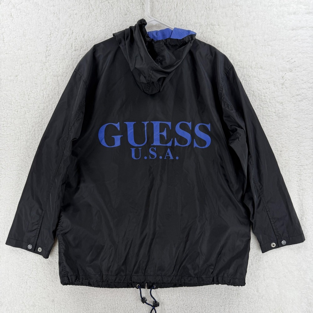 Vintage Guess Classics Jacket Mens Large‎ Black Nylon Hooded Windbreaker USA